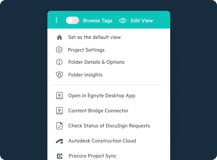Egnyte project settings and integration options interface